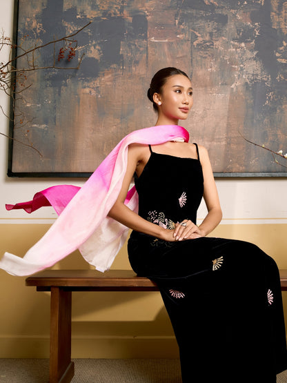 Hot pink ombre hand-dyed silk scarf displayed to show the full gradient