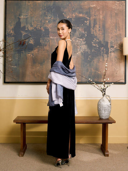 Grey and white ombre hand-dyed silk scarf held open to show the full gradient