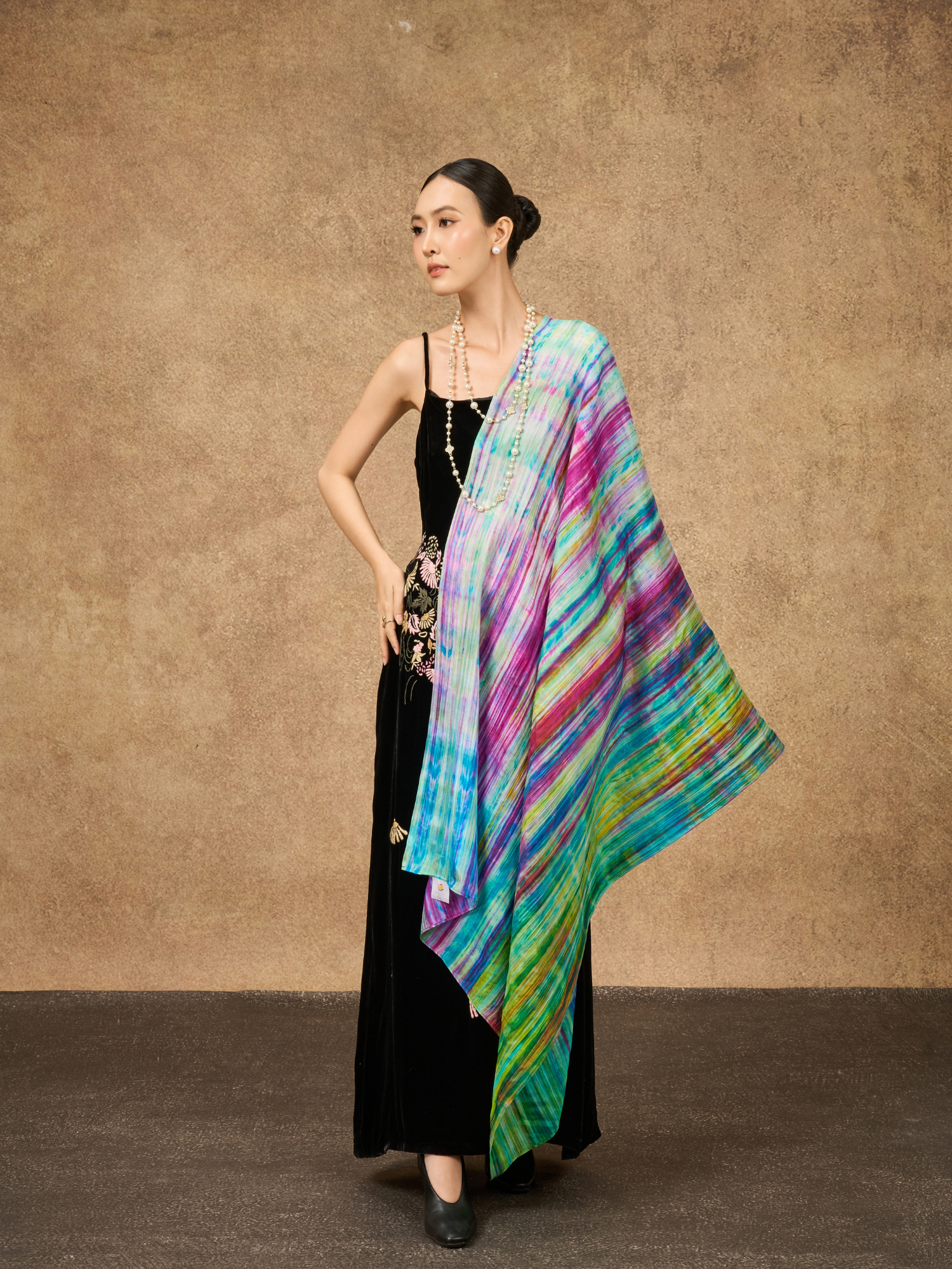 Rainbow brushstroke hand-dyed mulberry silk scarf by Silk & Bears