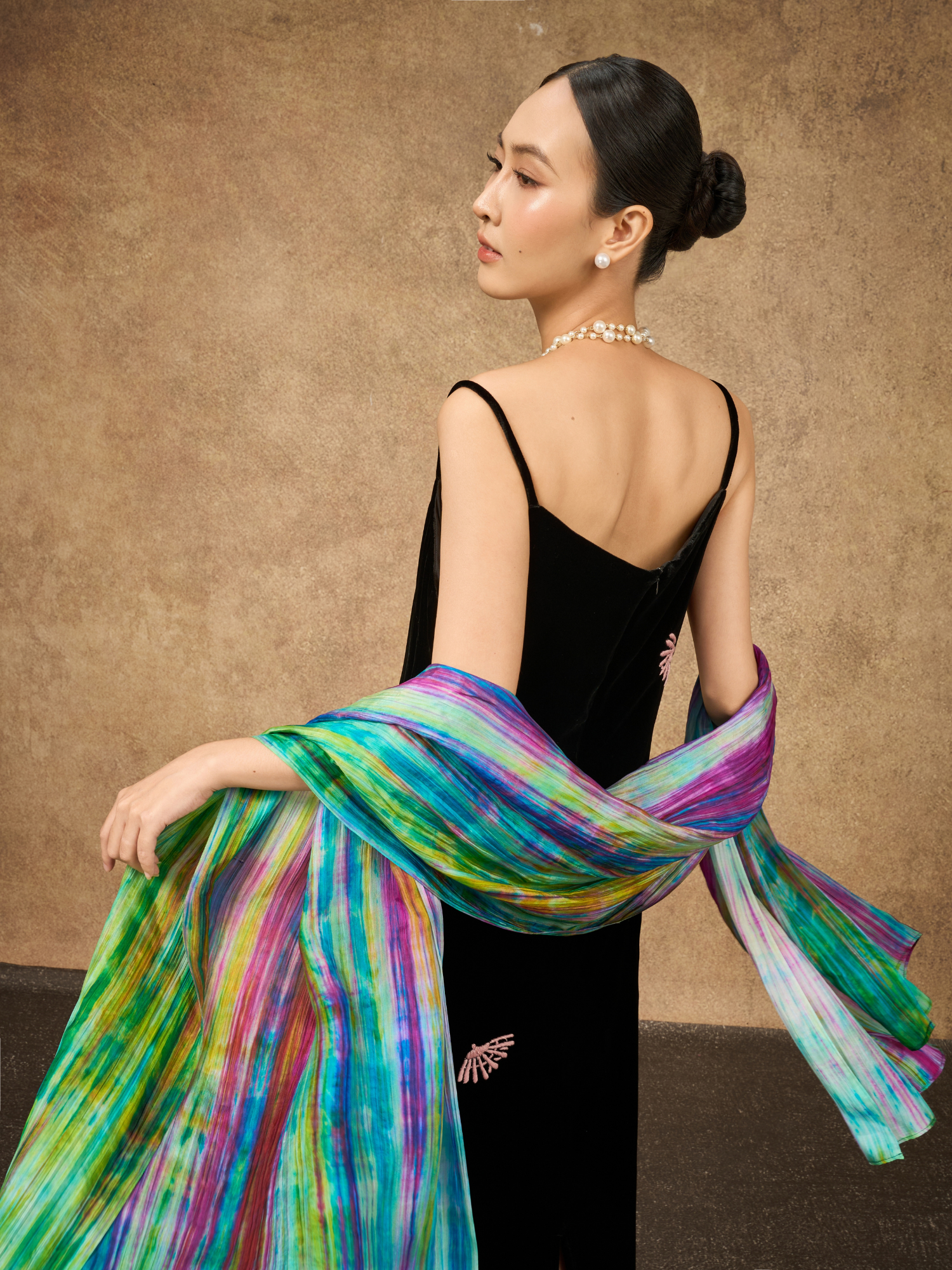 Rainbow brushstroke hand-dyed silk scarf, artisan-made in Vietnam
