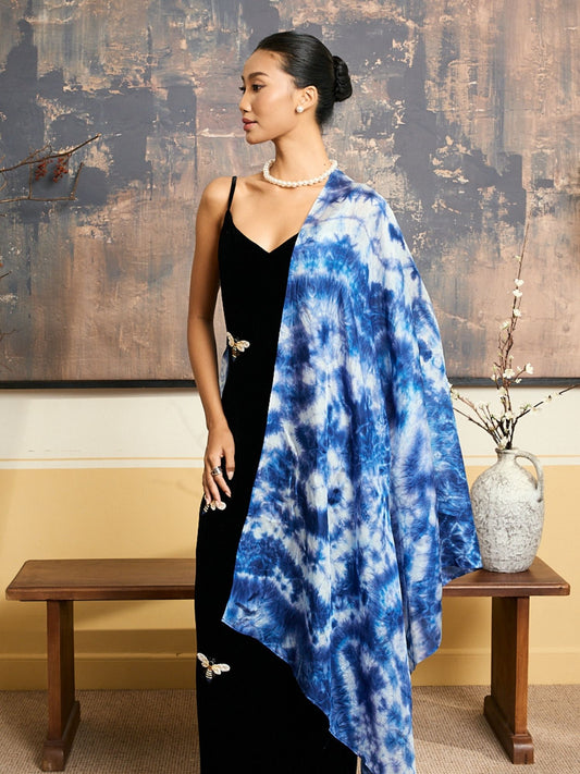 Indigo blue shibori hand-dyed silk scarf, model lifestyle shot — Silk & Bears