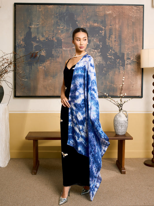Indigo Blue Shibori Silk Scarf – Hand-Dyed Mulberry Silk Shawl, Lightweight Elegant Wrap