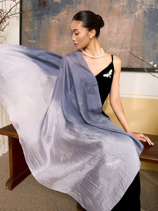 Grey White Ombre Silk Scarf – Hand-Dyed Mulberry Silk Shawl, Lightweight Elegant Wrap