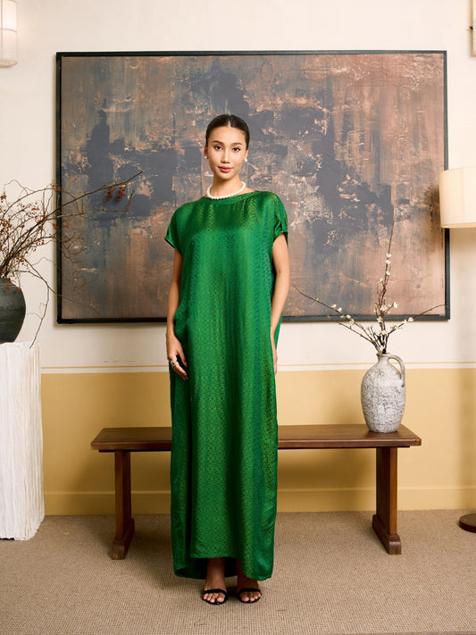Seraphine Emerald Jade Silk Jacquard Maxi Dress | Silk & Bears