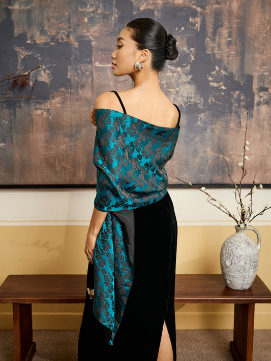 Mallard Green Rose Jacquard Silk Shawl