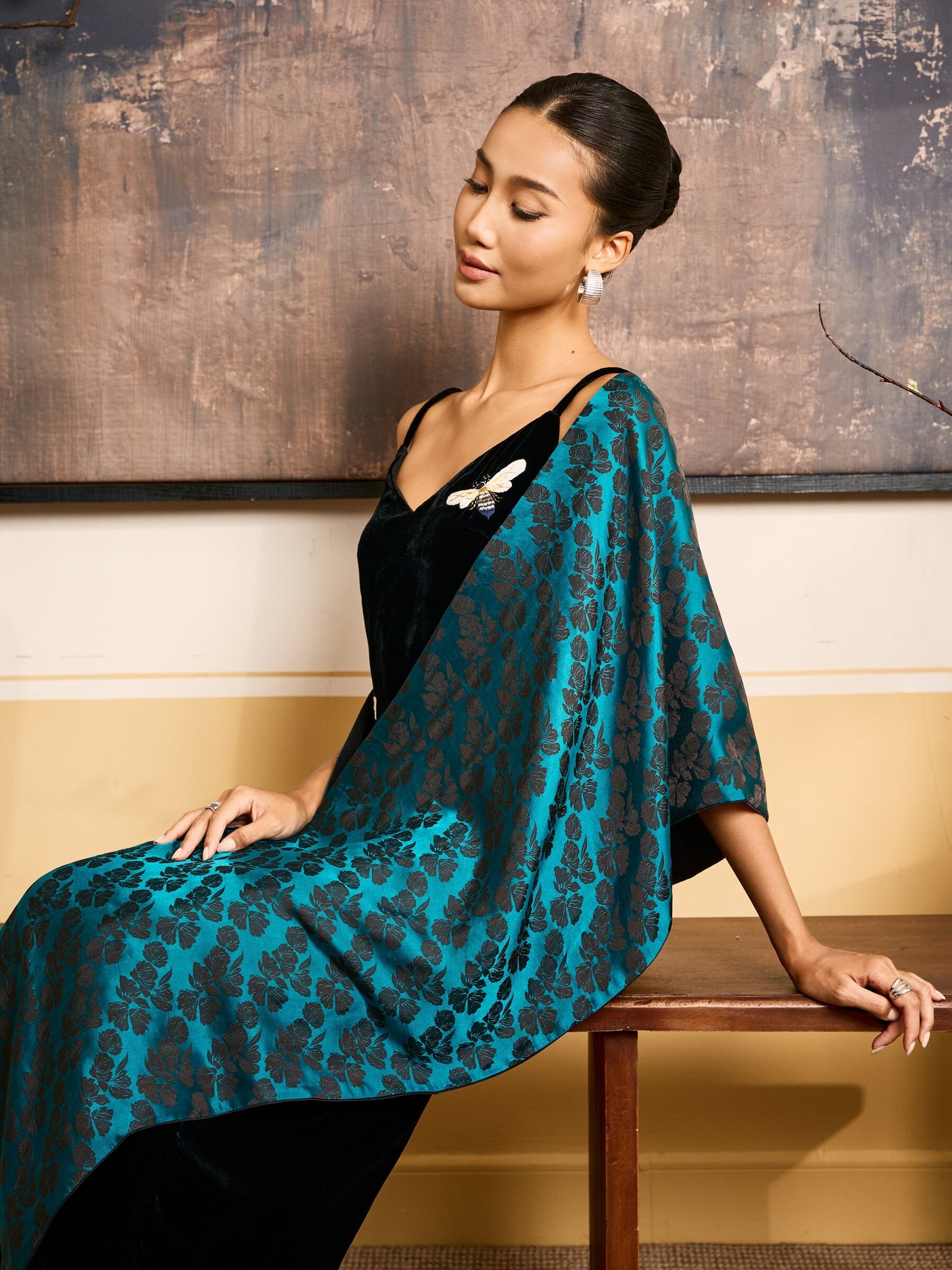 Mallard Green Rose Jacquard Silk Shawl