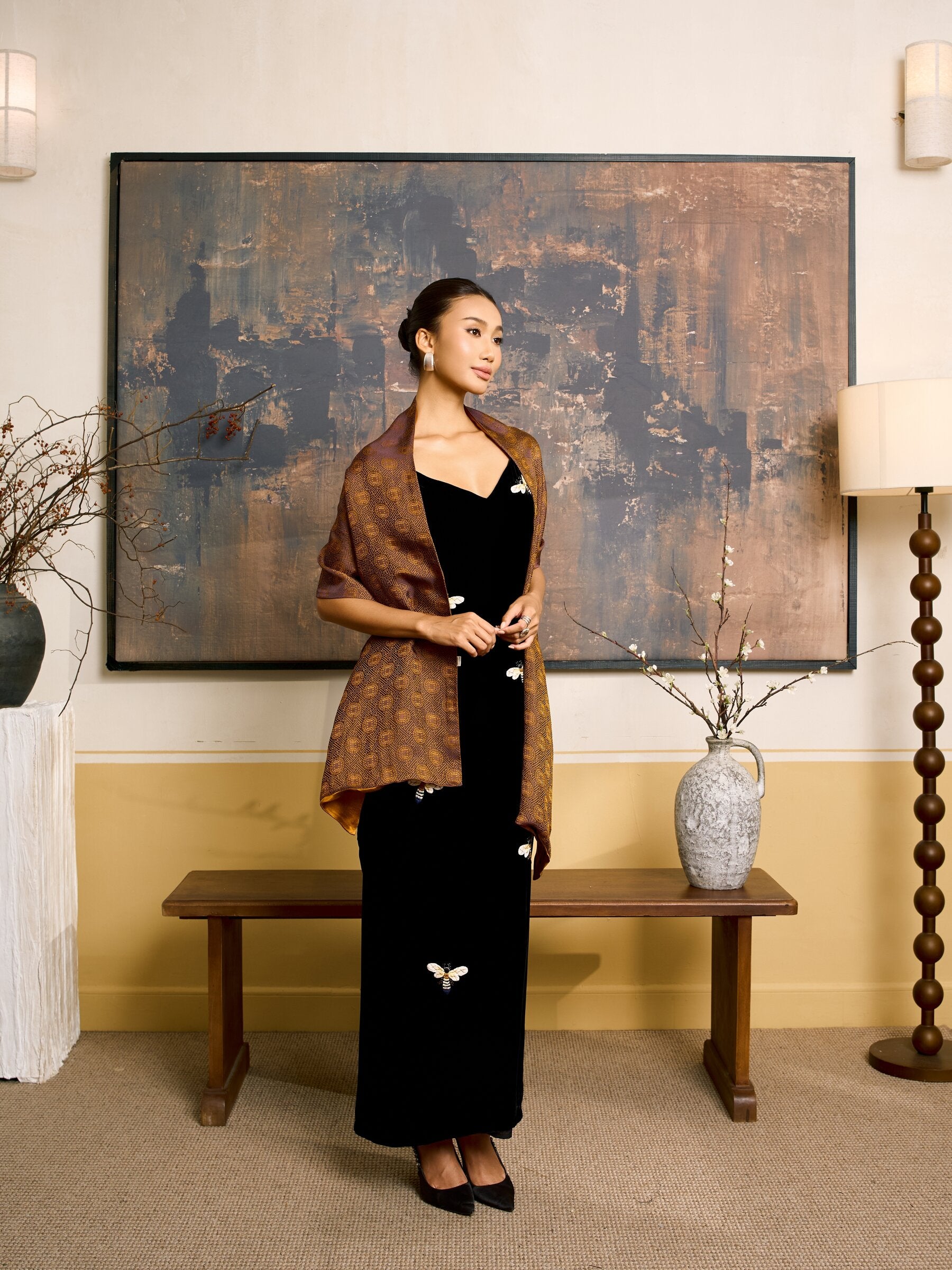 Mallard green silk shawl worn as a stole — black-tie styling