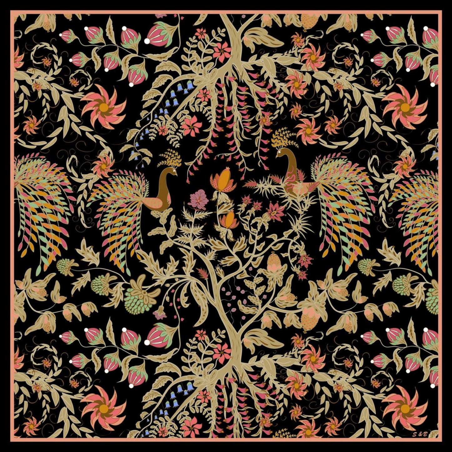 Phoenix Garden Wool Silk Scarf – Hand-Rolled Black Floral Wrap