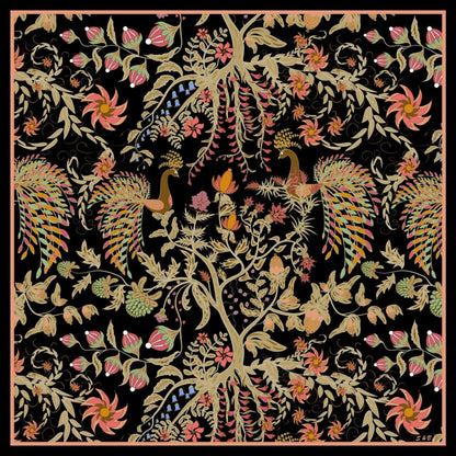 Phoenix Garden Wool Silk Scarf – Hand-Rolled Black Floral Wrap