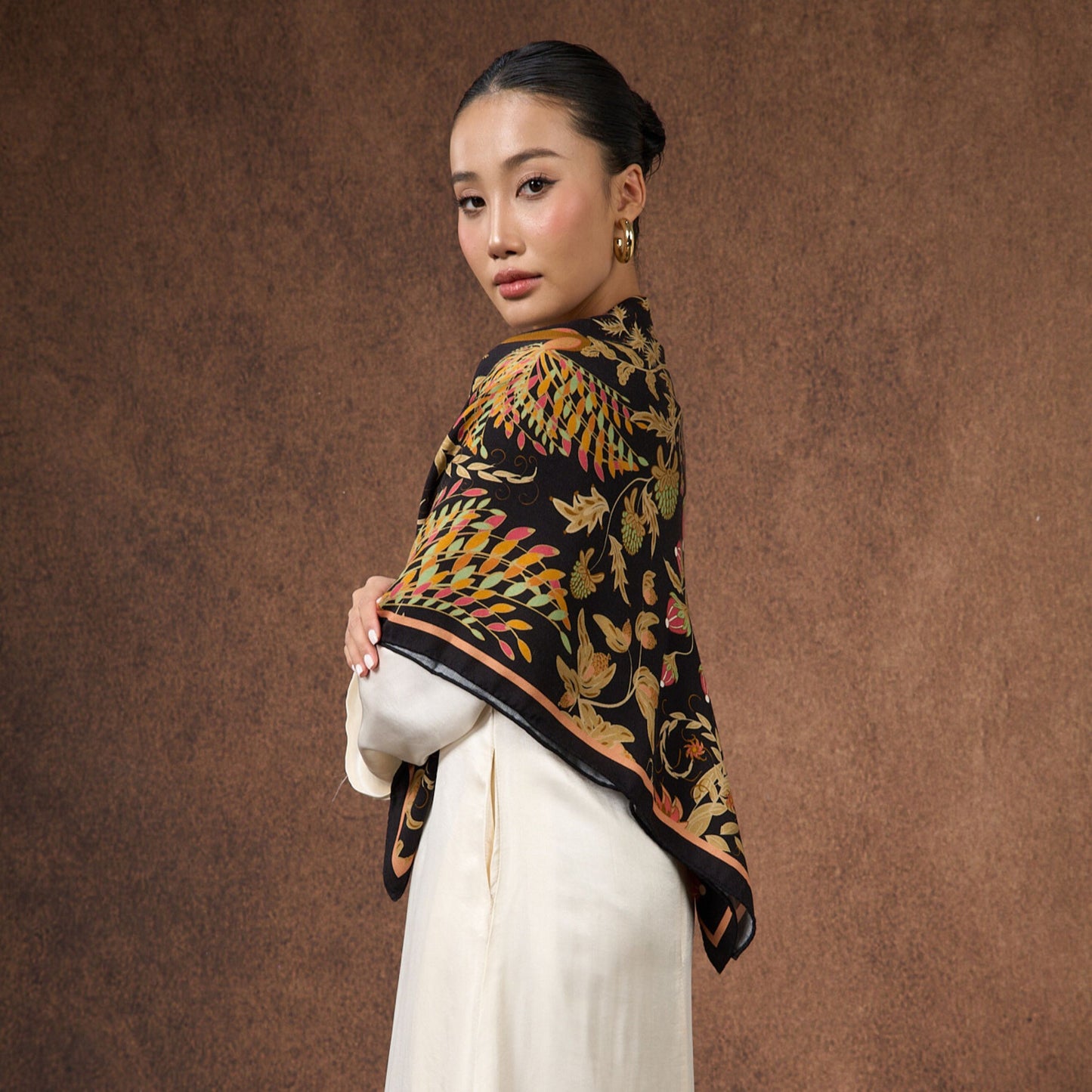 Phoenix Garden Wool Silk Scarf – Hand-Rolled Black Floral Wrap