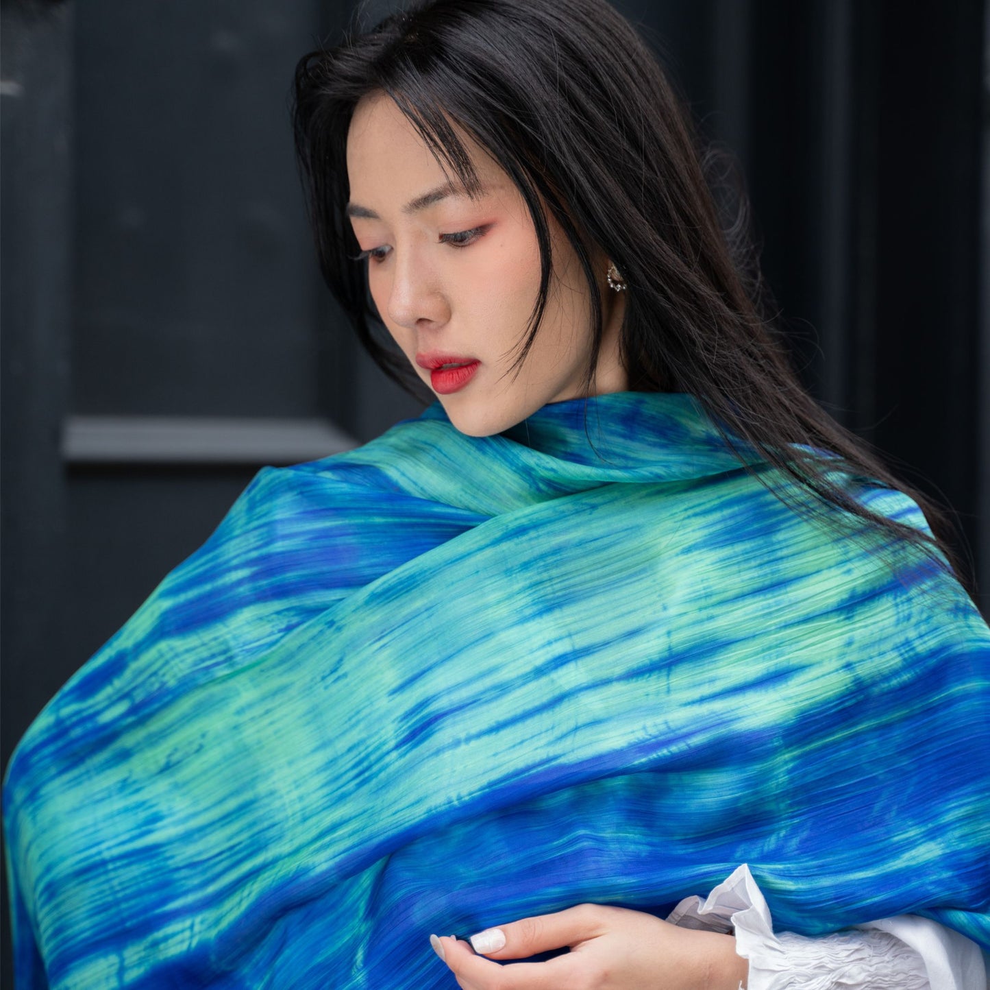 Green Blue Brushstroke hand-dyed brushstroke mulberry silk scarf — Silk & Bears luxury handcrafted silk shawl wrap