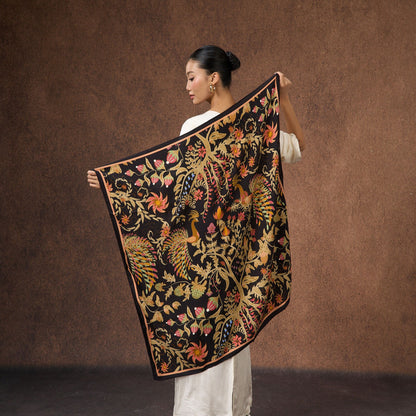 Phoenix Garden Wool Silk Scarf – Hand-Rolled Black Floral Wrap