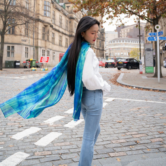 Model wearing  hand-dyed silk scarf draped over shoulders — Silk & Bears
