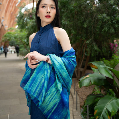  hand-dyed brushstroke silk scarf worn as elegant shawl, flowing drape — Silk & Bears