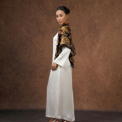 Phoenix Garden Wool Silk Scarf – Hand-Rolled Black Floral Wrap