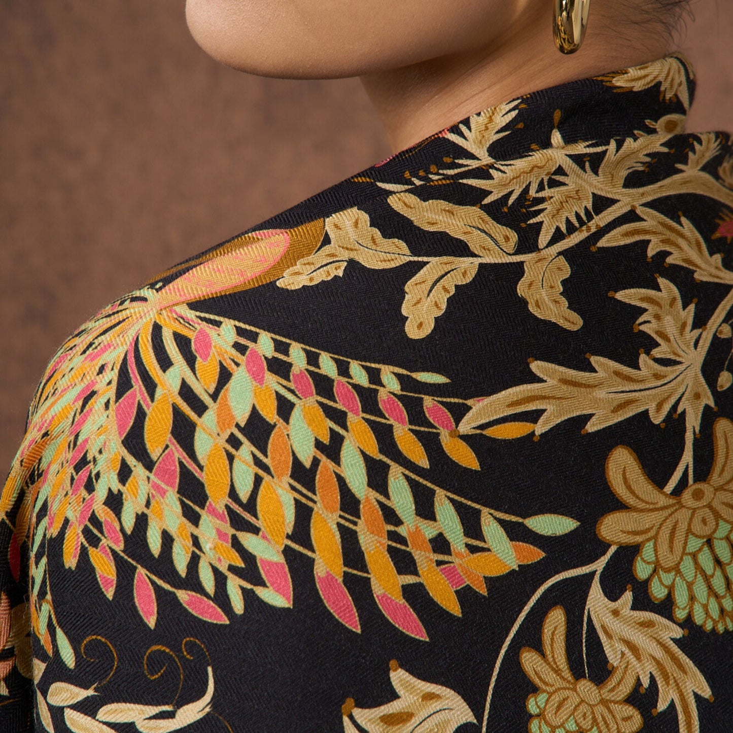 Phoenix Garden Wool Silk Scarf – Hand-Rolled Black Floral Wrap