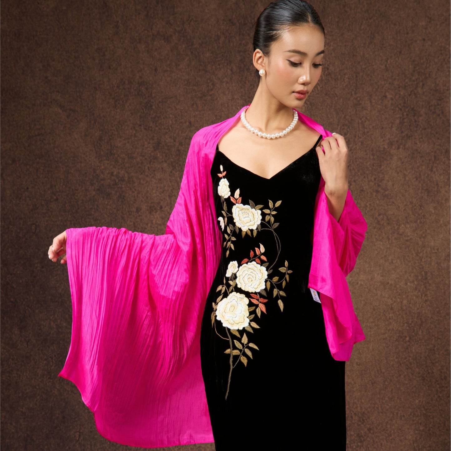 Hot pink silk scarf worn as a flowing shawl, hand-dyed mulberry silk