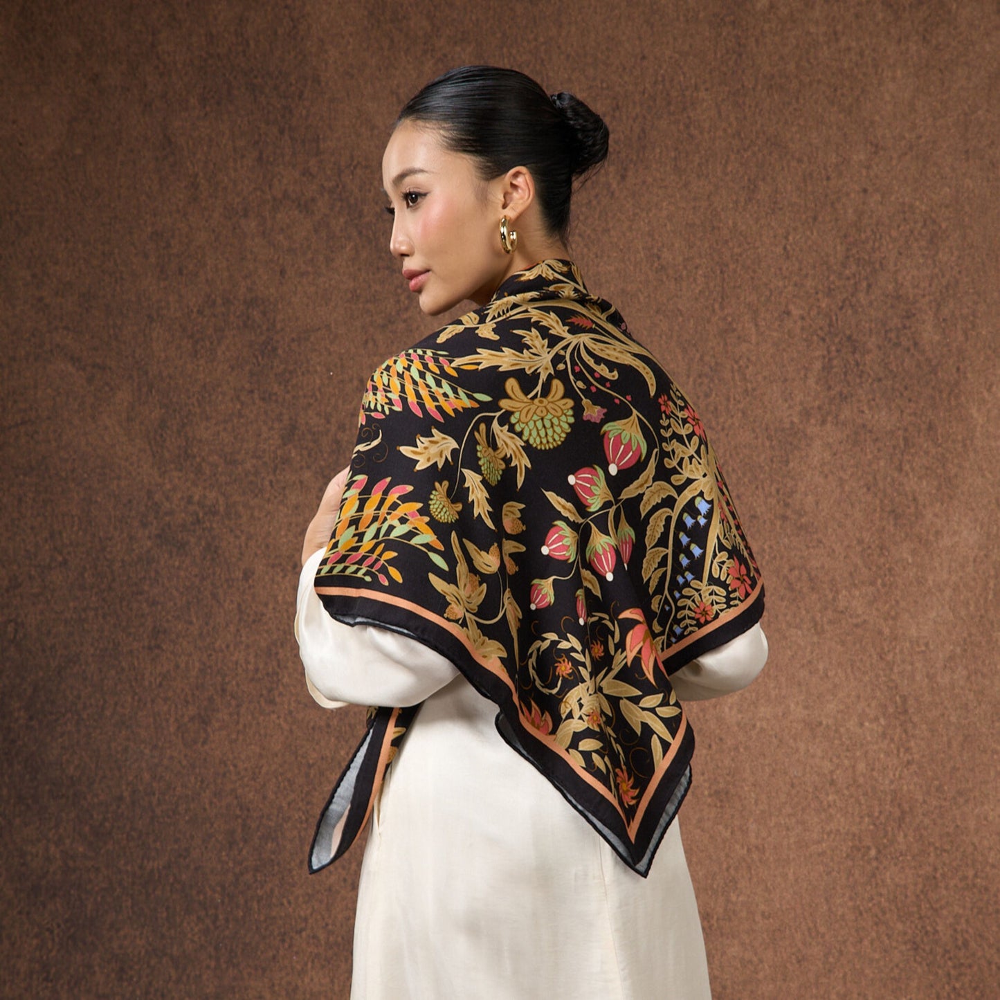 Phoenix Garden Wool Silk Scarf – Hand-Rolled Black Floral Wrap