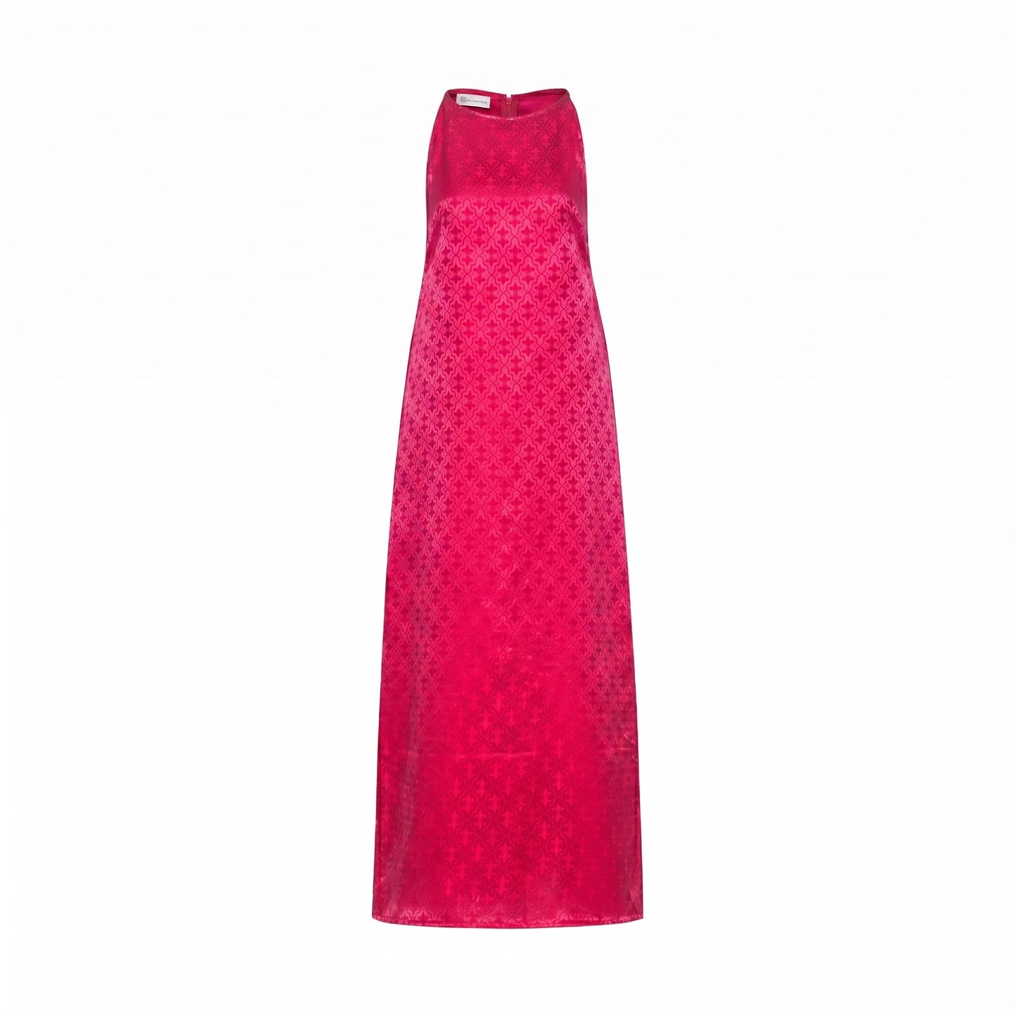 Detail of the Aurora fuchsia damask hand-dyed silk jacquard maxi dress