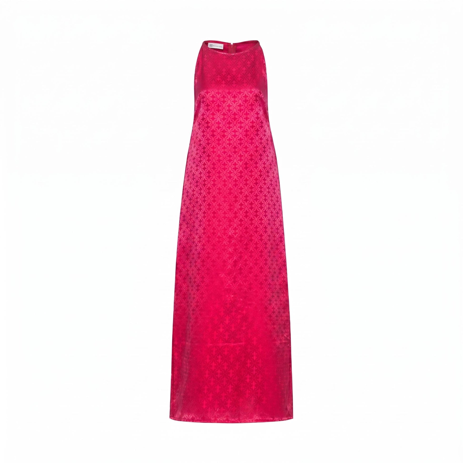 Detail of the Aurora fuchsia damask hand-dyed silk jacquard maxi dress