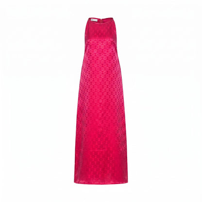 Detail of the Aurora fuchsia damask hand-dyed silk jacquard maxi dress