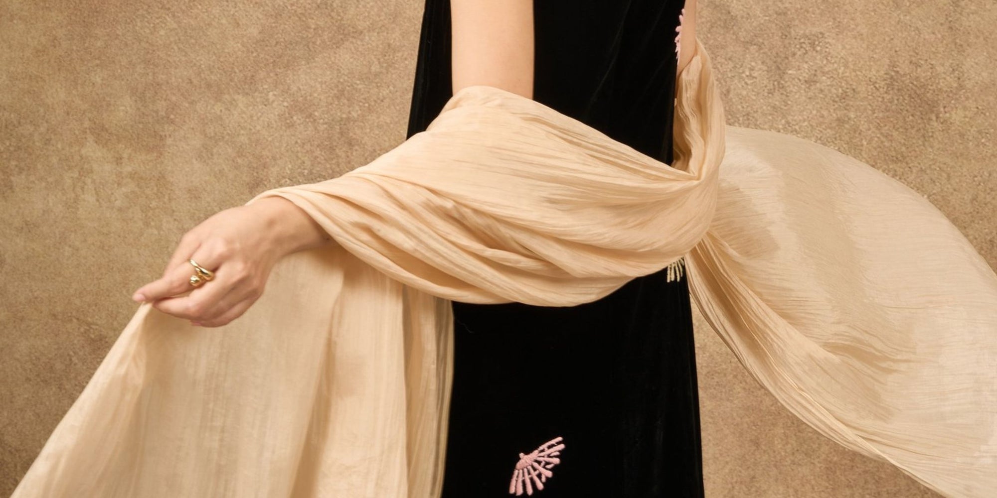 Model wearing hand-dyed champagne silk shawl over an embroidered velvet dress — Silk & Bears