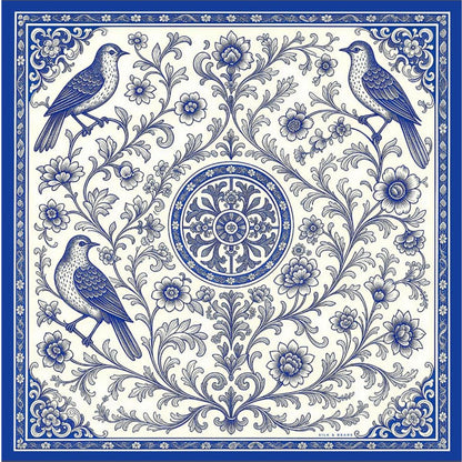 Blue Chinoiserie Birds Silk Twill Scarf – Printed Mulberry Silk, Hand-Rolled Hem