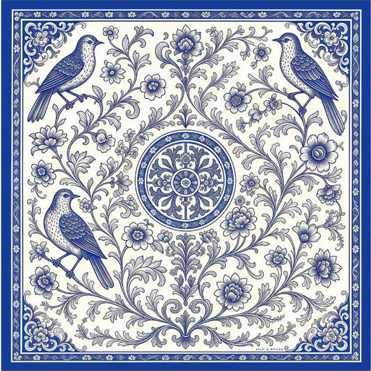Blue Chinoiserie Birds Silk Twill Scarf – Printed Mulberry Silk, Hand-Rolled Hem