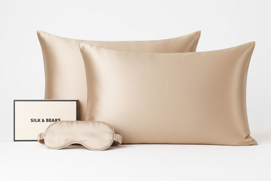 Luxury Golden Beige Silk Sleep Set – 2 Pillowcases & Matching Eye Mask