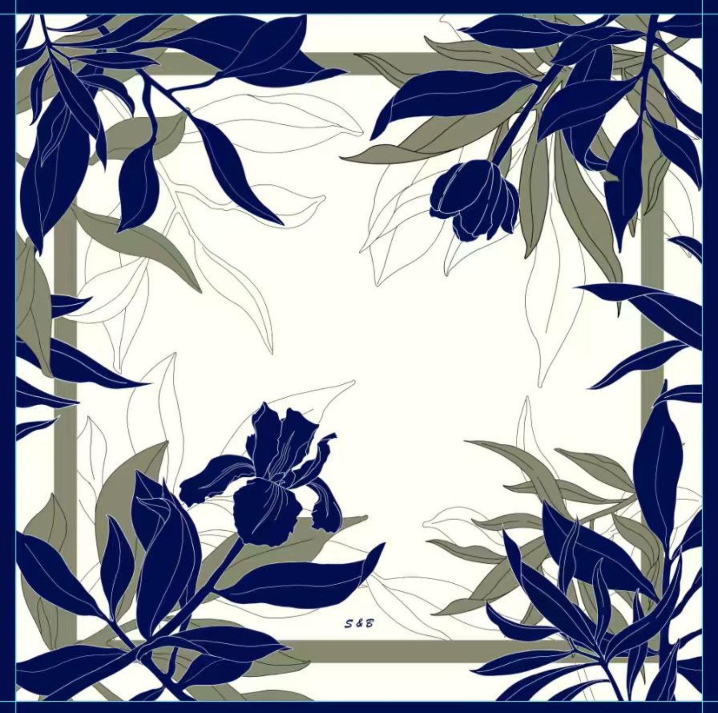 Navy Botanical Silk Twill Scarf – Hand-Rolled Edges, Ivory