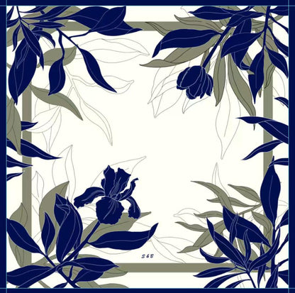 Navy Botanical Silk Twill Scarf – Hand-Rolled Edges, Ivory