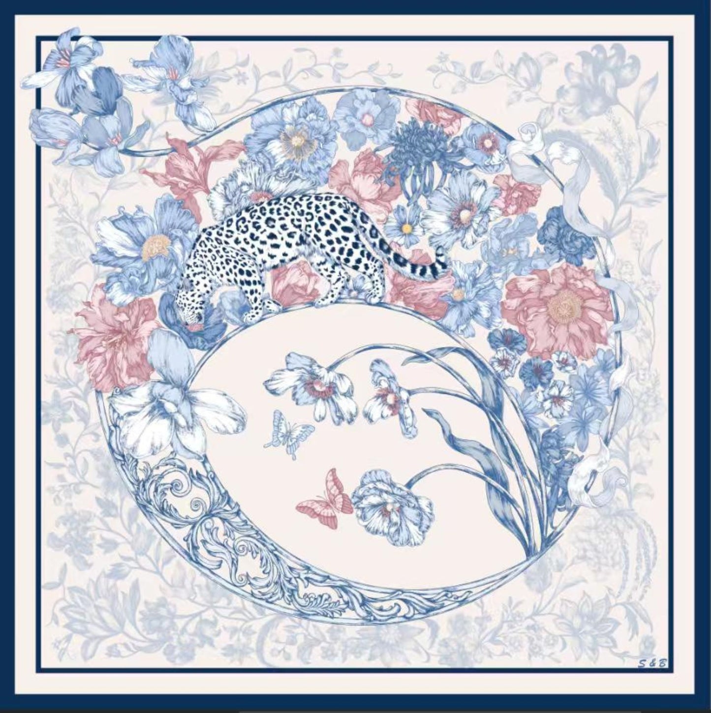 Leopard & Floral Silk Twill Scarf – Hand-Rolled Edges, Blue Blush Ivory