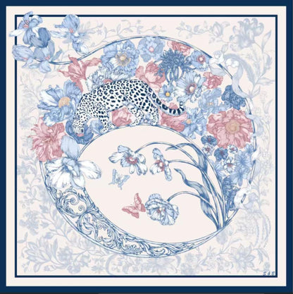Leopard & Floral Silk Twill Scarf – Hand-Rolled Edges, Blue Blush Ivory