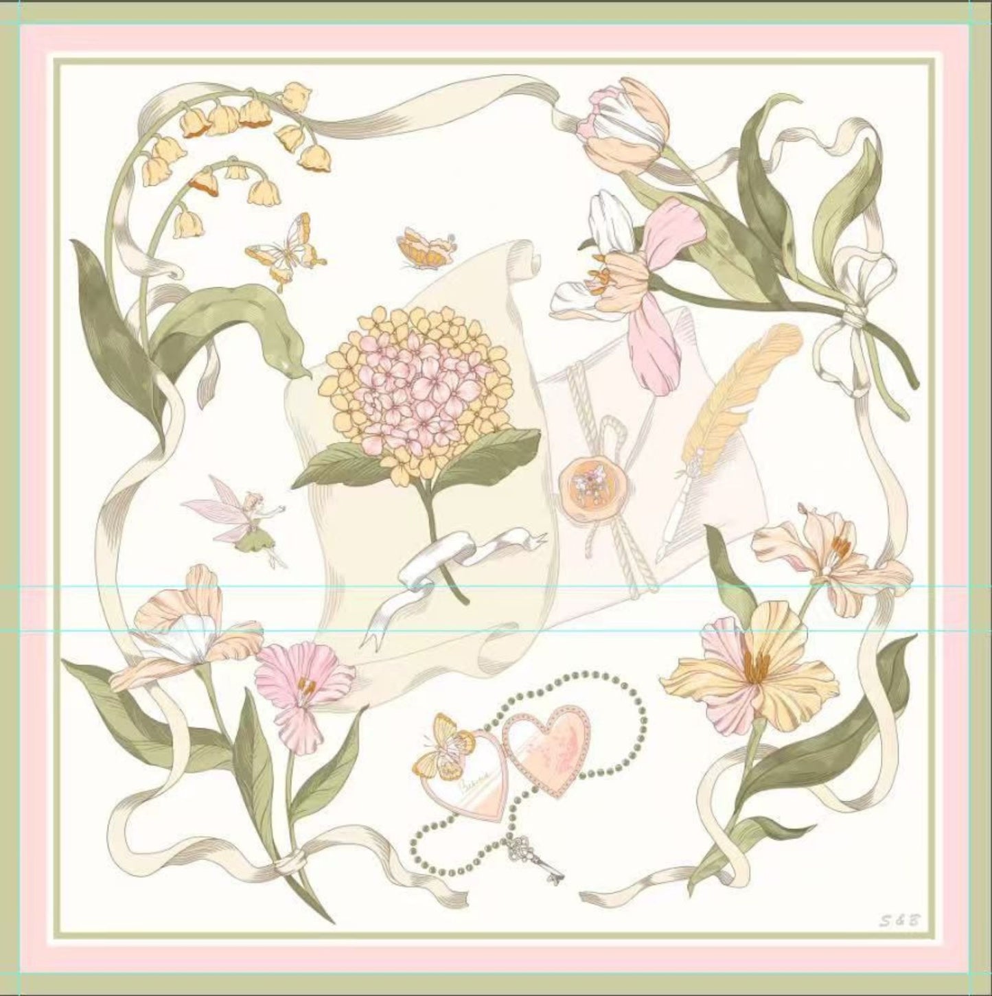 Ivory Floral & Ribbon Print Silk Twill Scarf – Hand-Rolled Edges