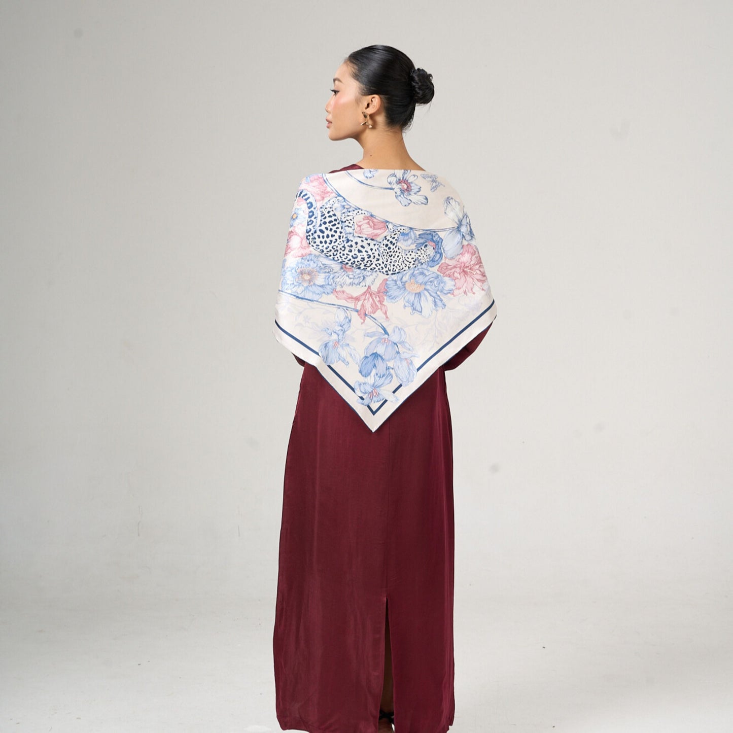 Leopard & Floral Silk Twill Scarf – Hand-Rolled Edges, Blue Blush Ivory