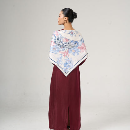 Leopard & Floral Silk Twill Scarf – Hand-Rolled Edges, Blue Blush Ivory