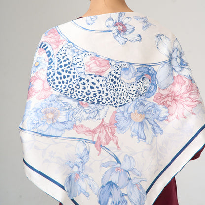 Leopard & Floral Silk Twill Scarf – Hand-Rolled Edges, Blue Blush Ivory