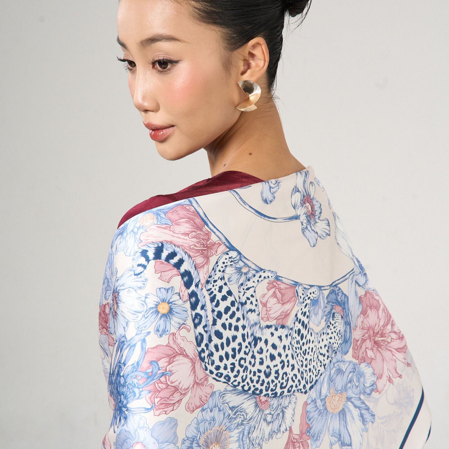 Leopard & Floral Silk Twill Scarf – Hand-Rolled Edges, Blue Blush Ivory
