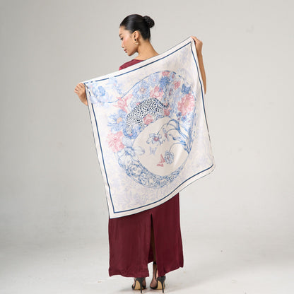 Leopard & Floral Silk Twill Scarf – Hand-Rolled Edges, Blue Blush Ivory