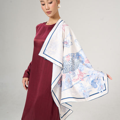 Leopard & Floral Silk Twill Scarf – Hand-Rolled Edges, Blue Blush Ivory