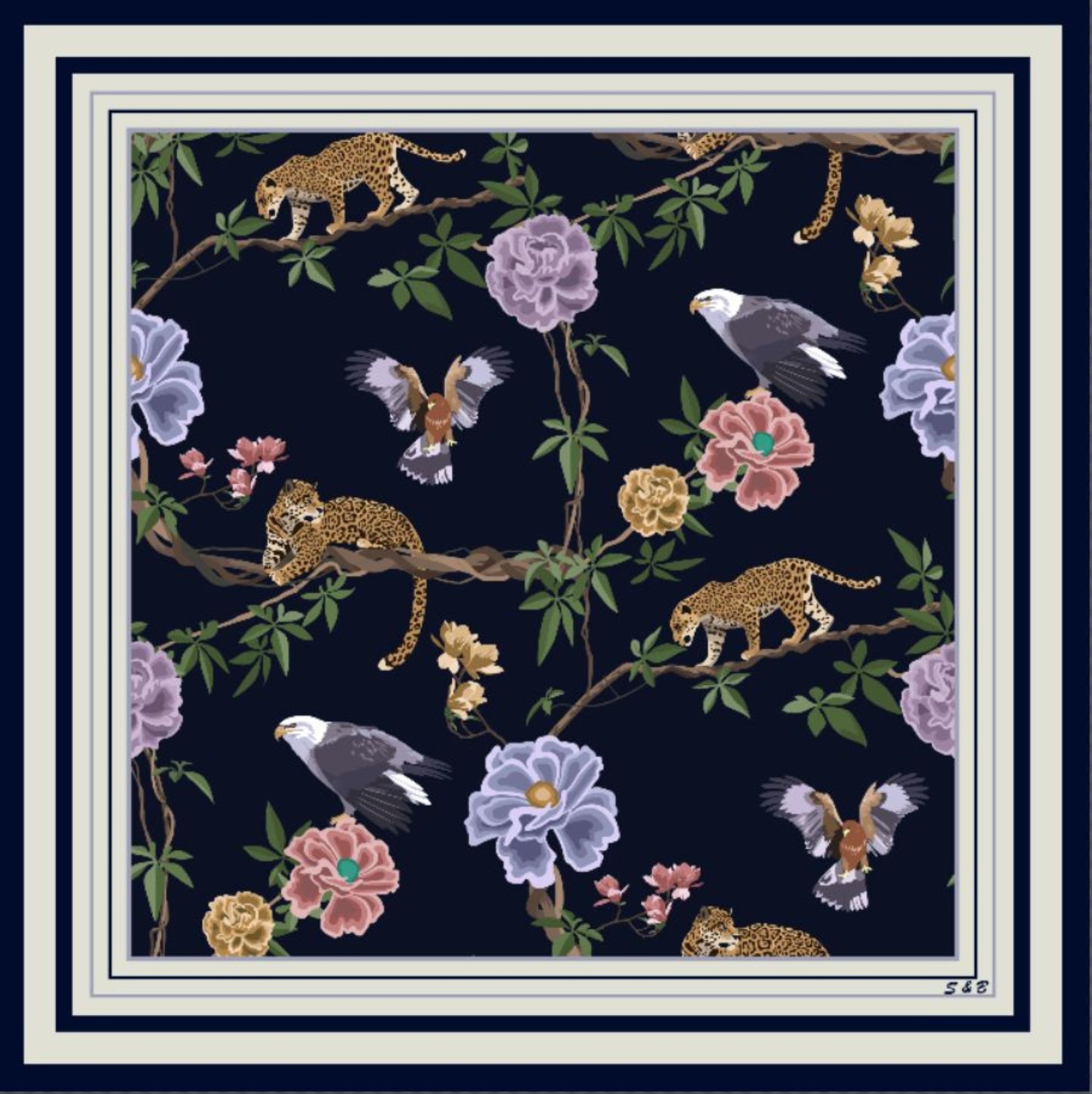 Midnight Safari wool-silk scarf laid open to show the full navy botanical print