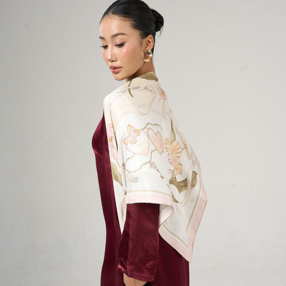 Ivory Floral & Ribbon Print Silk Twill Scarf – Hand-Rolled Edges