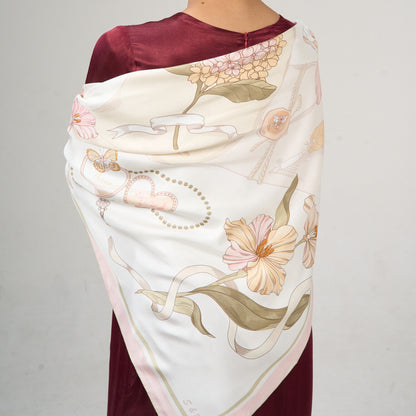 Ivory Floral & Ribbon Print Silk Twill Scarf – Hand-Rolled Edges