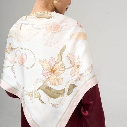 Ivory Floral & Ribbon Print Silk Twill Scarf – Hand-Rolled Edges