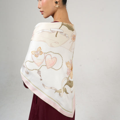 Ivory Floral & Ribbon Print Silk Twill Scarf – Hand-Rolled Edges