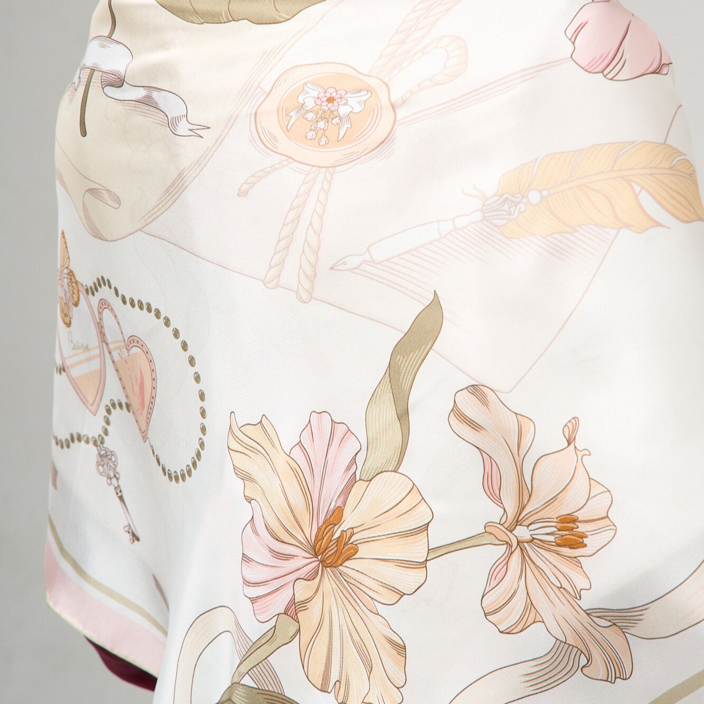 Ivory Floral & Ribbon Print Silk Twill Scarf – Hand-Rolled Edges