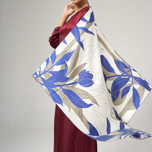 Navy Botanical Silk Twill Scarf – Hand-Rolled Edges, Ivory