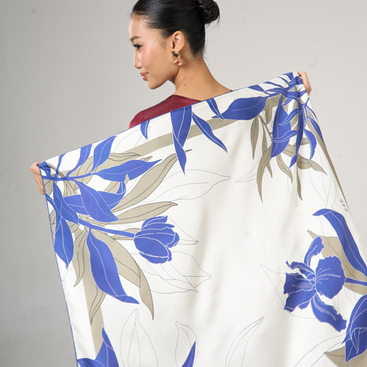 Navy Botanical Silk Twill Scarf – Hand-Rolled Edges, Ivory