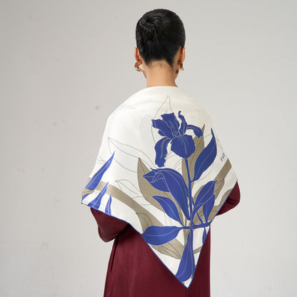 Navy Botanical Silk Twill Scarf – Hand-Rolled Edges, Ivory