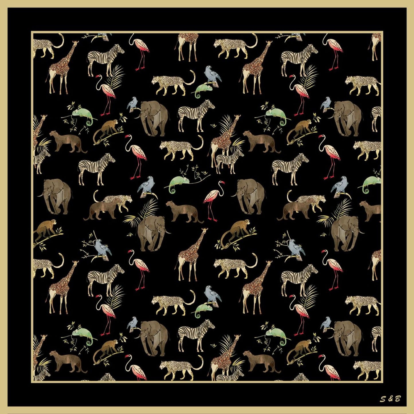 Noir Safari wool-silk scarf styled flat, a black safari animal motif by Silk & Bears